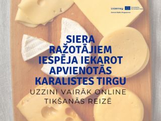 Koka dēlis ar dažādiem siera veidiem, tostarp apaļiem un caurumotiem sieriem, kā arī mīksto sieru. Attēla centrā zilā krāsā rakstīts: “Siera ražotājiem iespēja iekarot Apvienotās Karalistes tirgu. Uzzini vairāk online tikšanās reizē.” Augšējā labajā stūrī